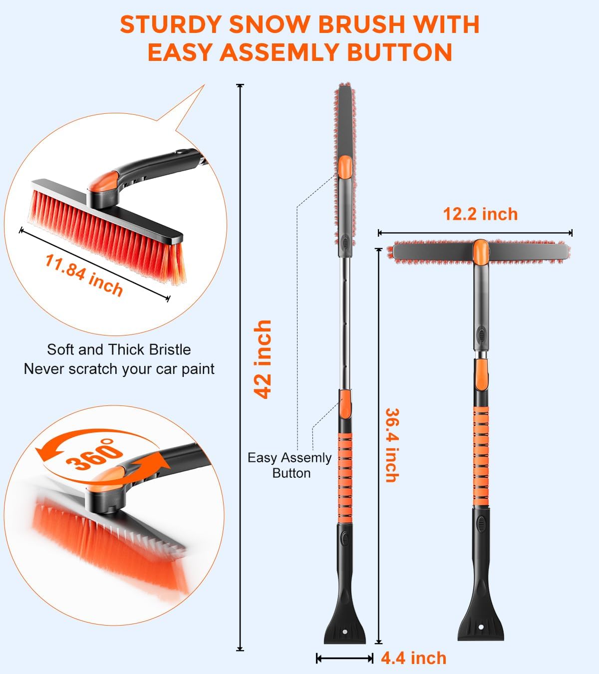 DooGooCoo [Upgrade] Ice Scraper &amp; Extendable Snow Brush for Car Windshield [Military-Grade Sturdy] - 360° Pivoting Brush Head with Silicone Grip for Effortless One-Swipe Clean on Auto (Large)