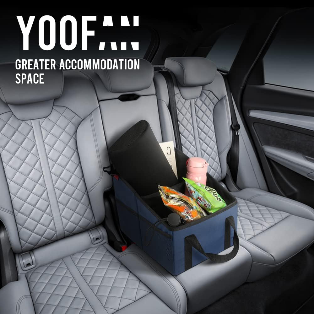 YOOFAN Car Seat Organizer - Passenger Seat Organizer, Collapsible Small Car Seat Storage for Console Front or Back, Automotive Backseat Organizer with Belt 4 Cup Holders for Kids Accessories, Blue