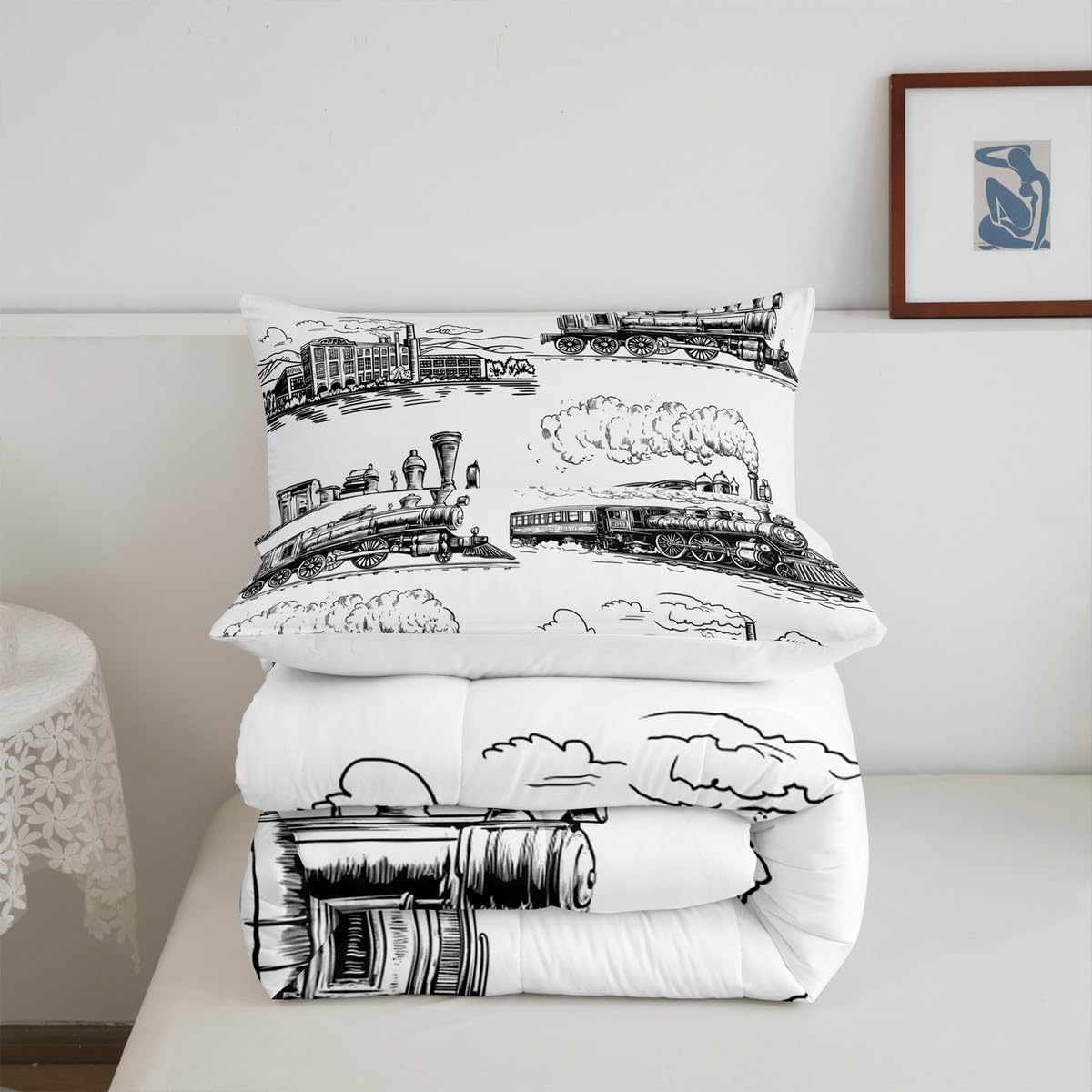 Manfei Train Comforter Set Queen Size, Retro Steam Locomotive Train Down Comforter with 2 Pillowcases, Vintage Train Bedding Set 3pcs for Kids Boys Adults Bedroom Decor Lightweight Duvet Insert