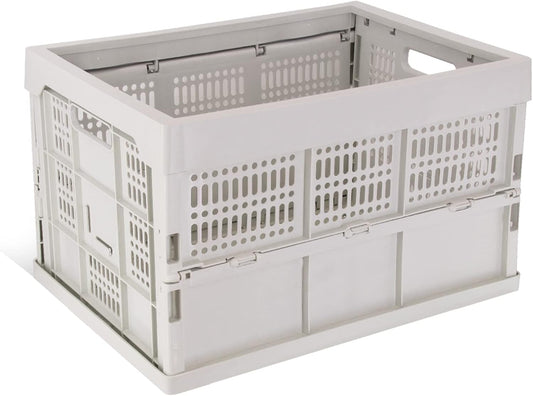 52L Collapsible Heavy Duty Storage Bin/Container, Stackable Folding Plastic Bin, Grated Wall, Utility (1, Square, 52, Liters, Bin Grey)