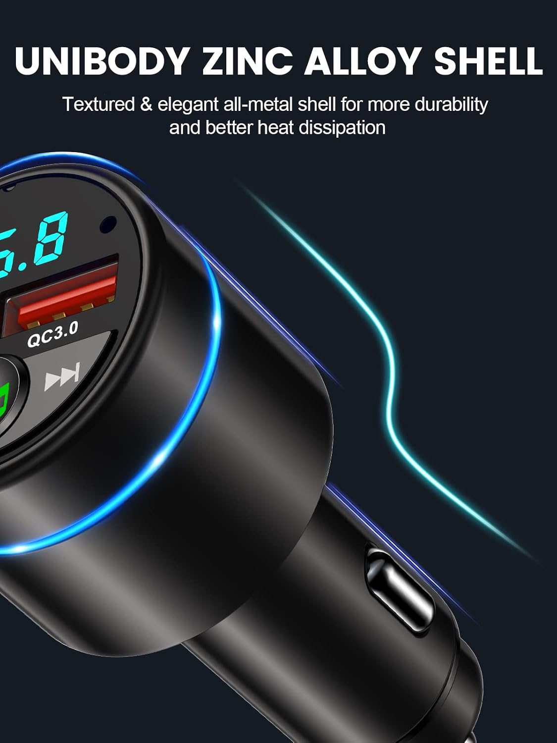 RIWUSI FM Transmitter for Car Bluetooth 5.3, [All-Metal] PD 30W & QC3.0 18W Fast Car Charger, Wireless FM Radio Kit Bluetooth Car Adapter, Noise Cancelling Hands-Free Call, Blue Light - Black