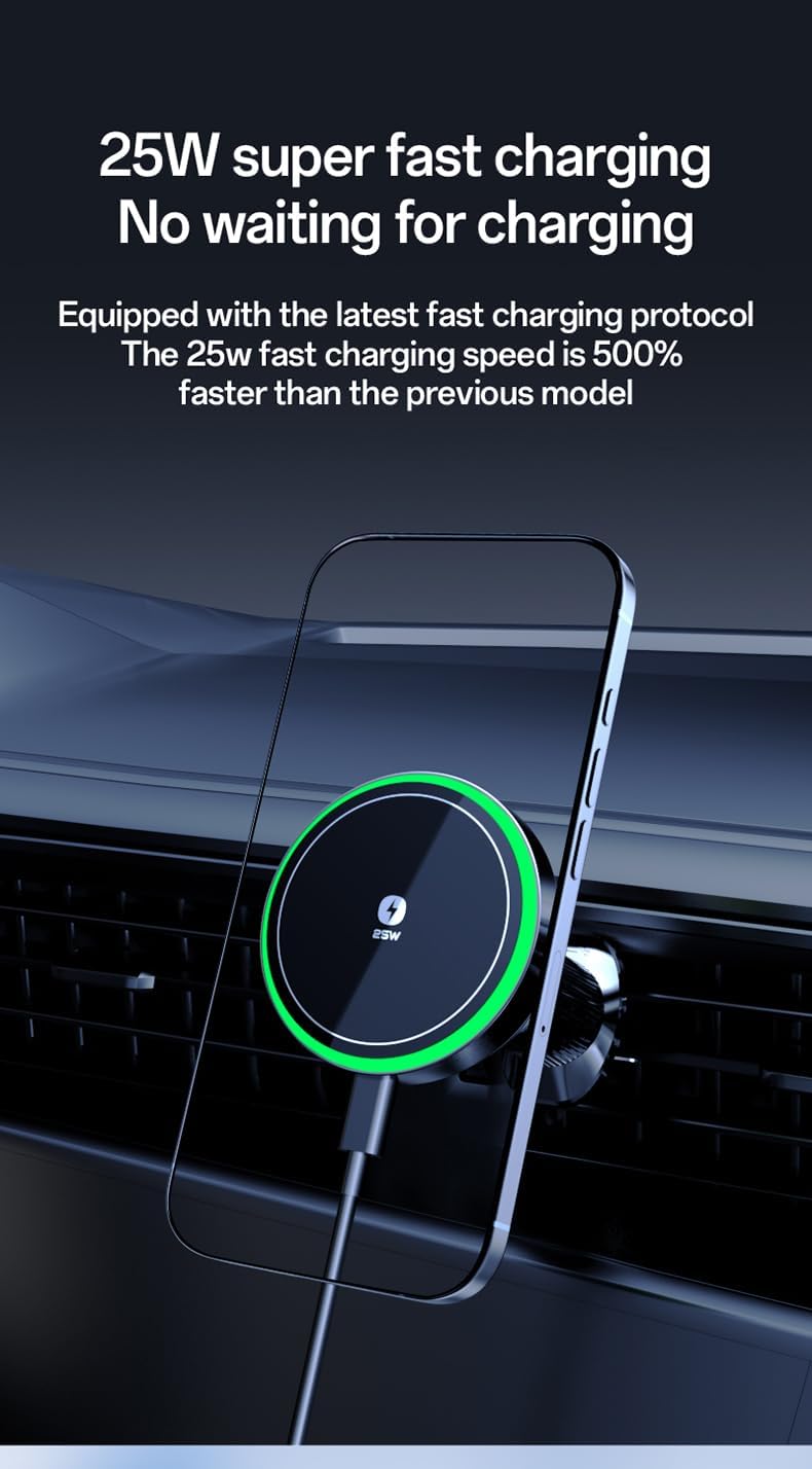 Qi2.2 Magnetic Wireless Car Charger with Active Cooling Fan, 25W Fast Charging Car Mount, N52 Strong Magnet Air Vent Phone Holder RGB Ambient Light, for iPhone Series and Samsung Series