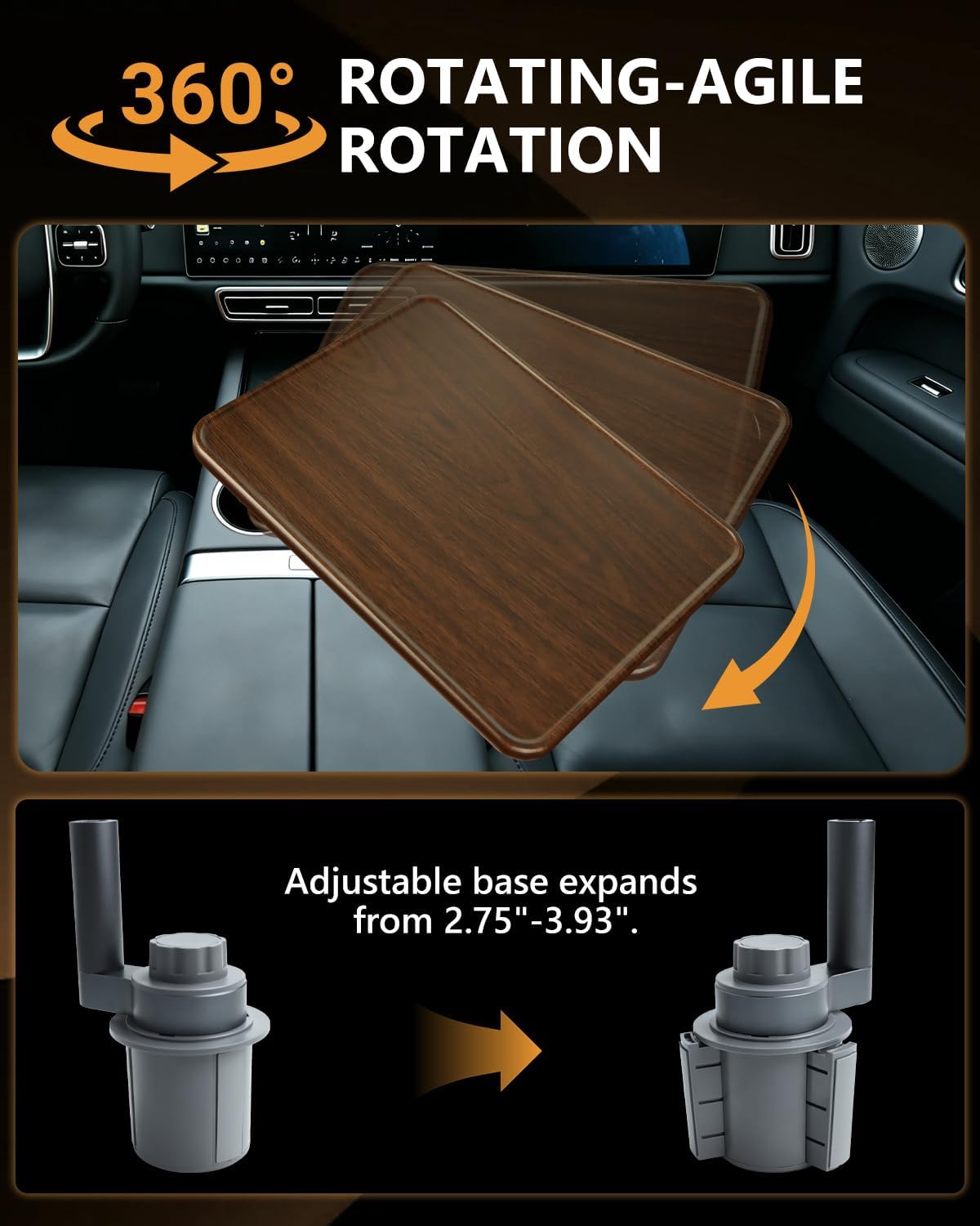 Car Desk for Laptop, 360° Rotation Cup Holder Table, Car Table & Car Food Tray for Tesla Model Y/3, F-150/Ram 1500/GMC Sierra 1500 & Most Vehicles, Car Accessories for Women & Men(Long Pole)