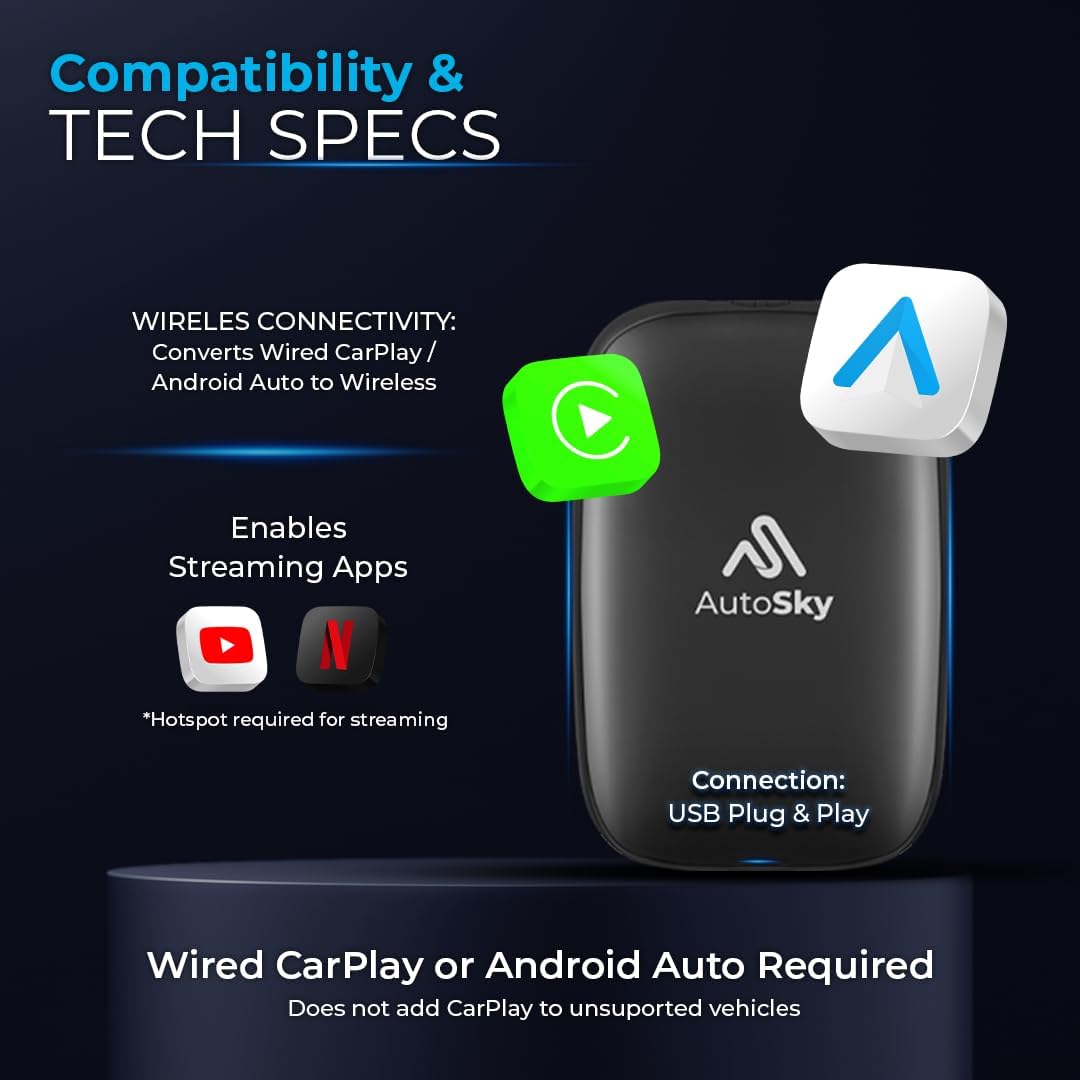 AutoSky AI Box Lite – Wireless CarPlay & Android Auto Adapter, Plug-and-Play, Fast Connection, Stable Performance, Stream Netflix & YouTube via Hotspot, Works with OEM Touchscreen