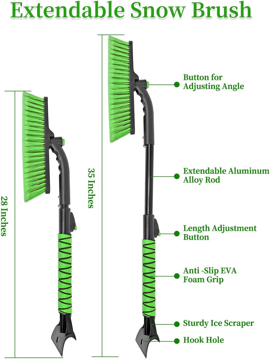 HEEYA Snow Brush for Car, Extendable Snow Brush and Ice Scraper with Foam Grip, Car Window Scraper for Snow and Ice for SUV Truck Auto RV Vehicle Windshield - Green