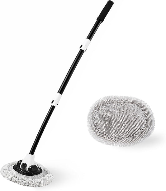 Volodya 15°Curved Car Wash Brush with 47" Extension Long Handle Telescopic Aluminum Microfiber Cleaning Mop for Car Truck SUV RV Boat Wheel Extension Pole Carwash Mop Duster