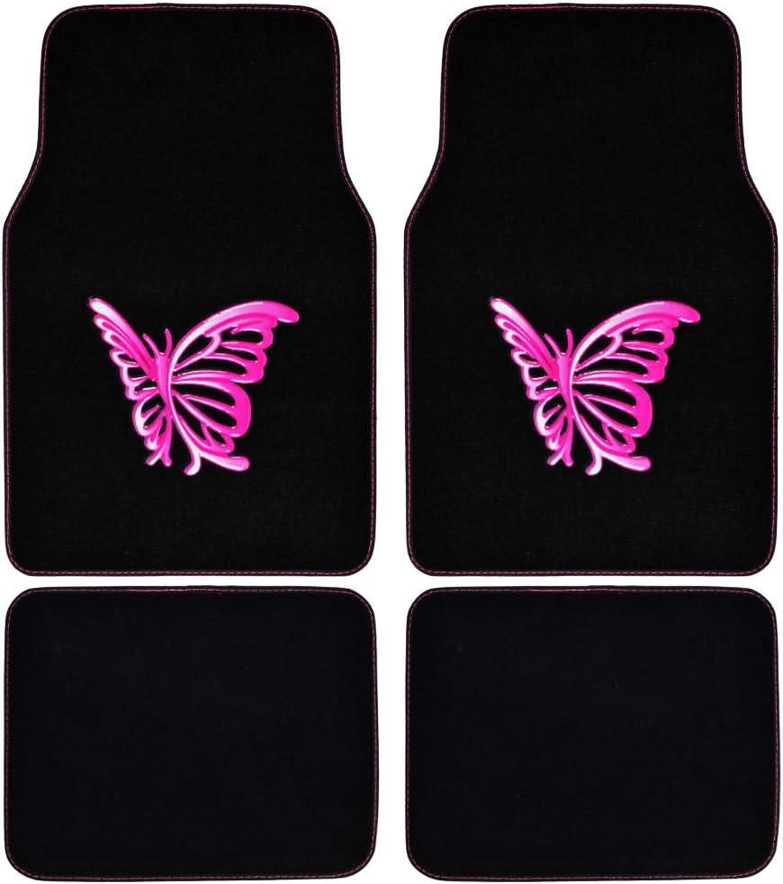 BDK 4-Piece Design Carpet Floor Mat Set - (Hawaiian Flower Pink) (Licensed Products, Secure Backing)