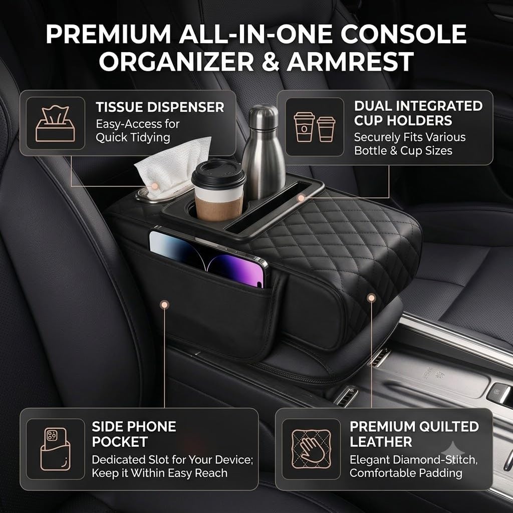 Zpana 4 in 1 Car Center Console Armrest Pillow, Memory Foam, Black