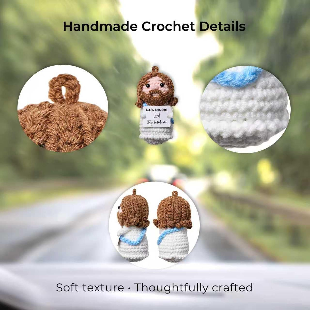 Bless This Ride Handmade Crochet Jesus Rearview Mirror Charm, with Safe Drive Blessing, Gift for Husband, Boyfriend or a Loved One, New Car Gift, Christian Car Accessory,Gifts for Father's Day.