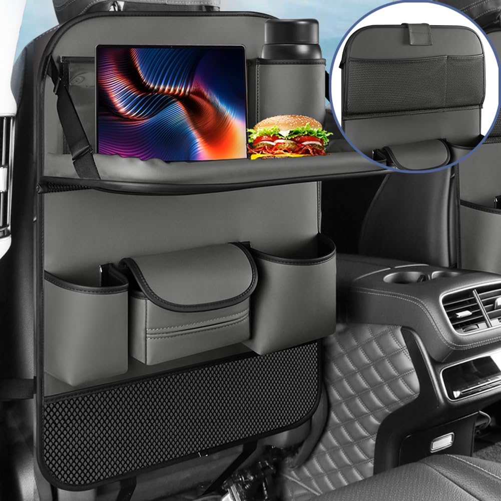 2PCS Car Backseat Organizer Seat Back Protectors Kick Mats with Foldable Table Tray, PU Leather Car Storage Organizer with Tablet Holder, Car Tissue Holder Kids Toys Storage Travel Accessories (Gray)