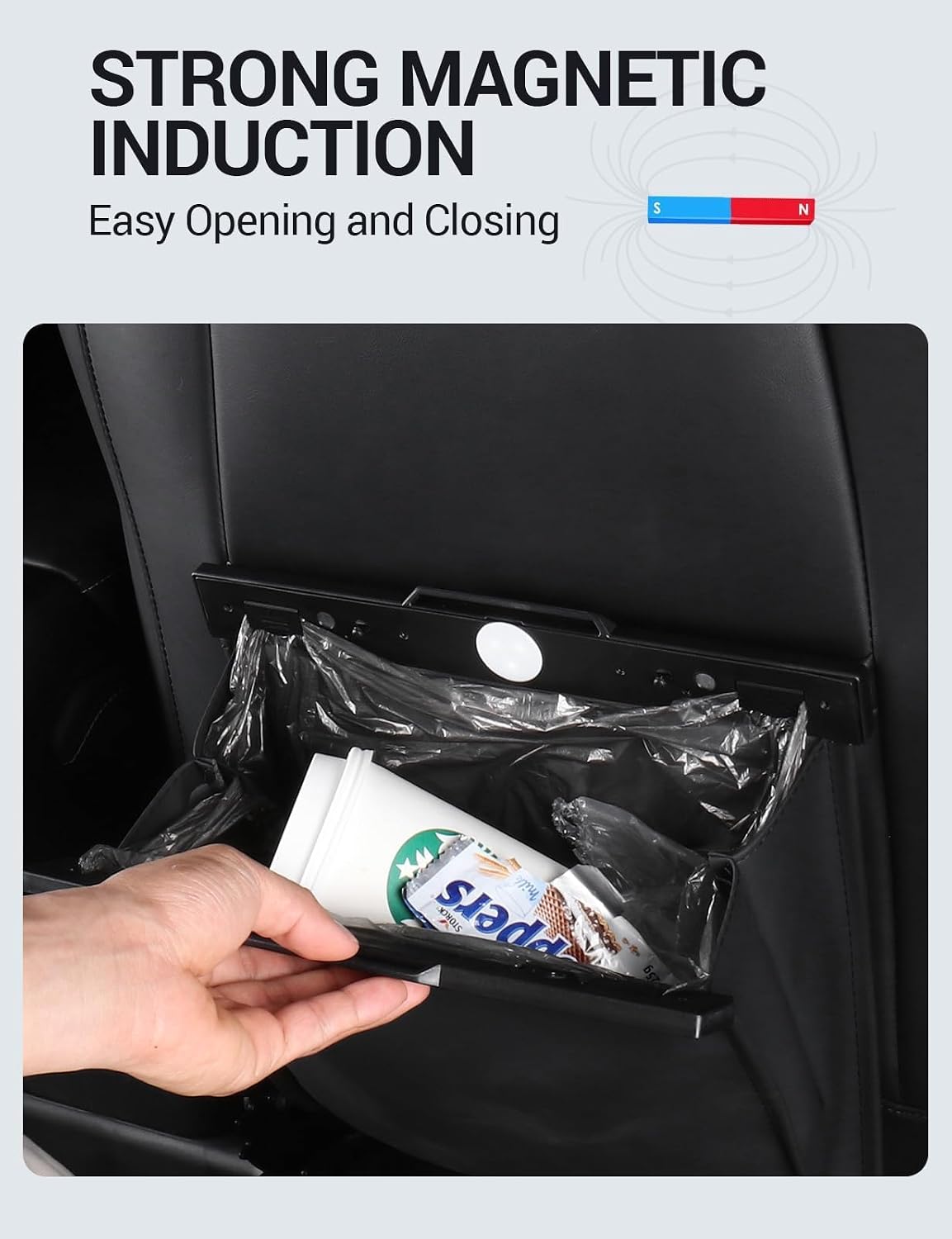 BASENOR 2026 Upgraded Tesla Model Y/3/S/X Cybertruck Trash Can, [Strong Magnetic] [Waterproof] LED Light Garbage Bin Leather Garbage Can, Seat Back Hanging Interior Accessories 2017-2026