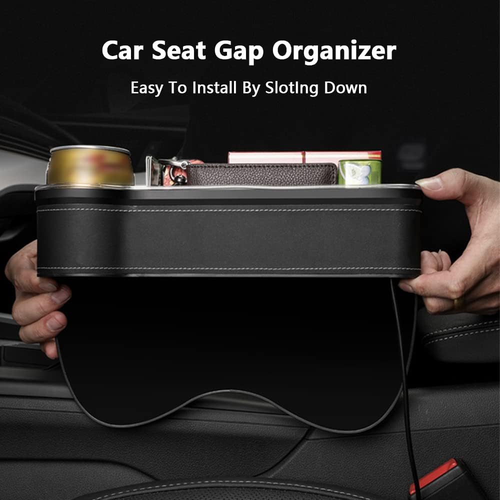 Car Seat Organizer Between Seats Cup Holder with LED Lights, Car Seat Gap Filler Organizer, Multifunctional Seat Gap Organizer Storage Box with USB Charge Port - Black (RGB Light)