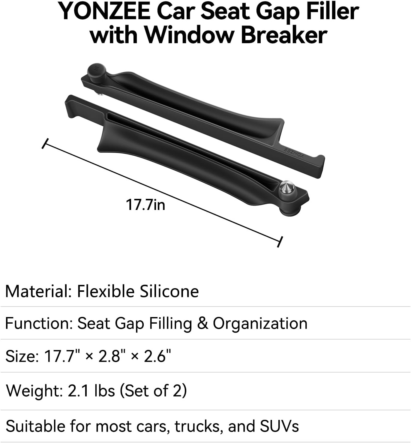 YONZEE Car Seat Gap Filler [2 Pack], Premium Silicone Side Console Organizer with Built-in Emergency Glass Breaker, Universal Fit Automotive Gap Blocker to Prevent Dropping, Car Interior Decor
