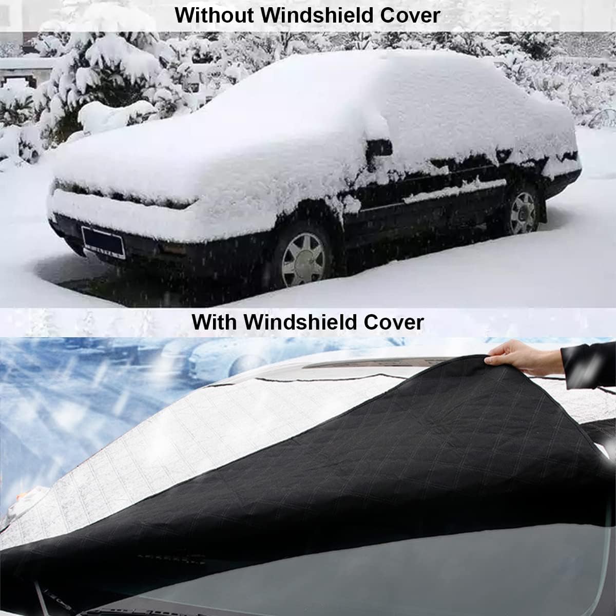 Car Windshield Snow Cover with 4 Layers Windproof Protection Defense Frost Sunlight, All Weather Winter & Summer Front Window Automotive Covers Sun & Snow-Shade for Most Cars Trucks Vans and SUVs