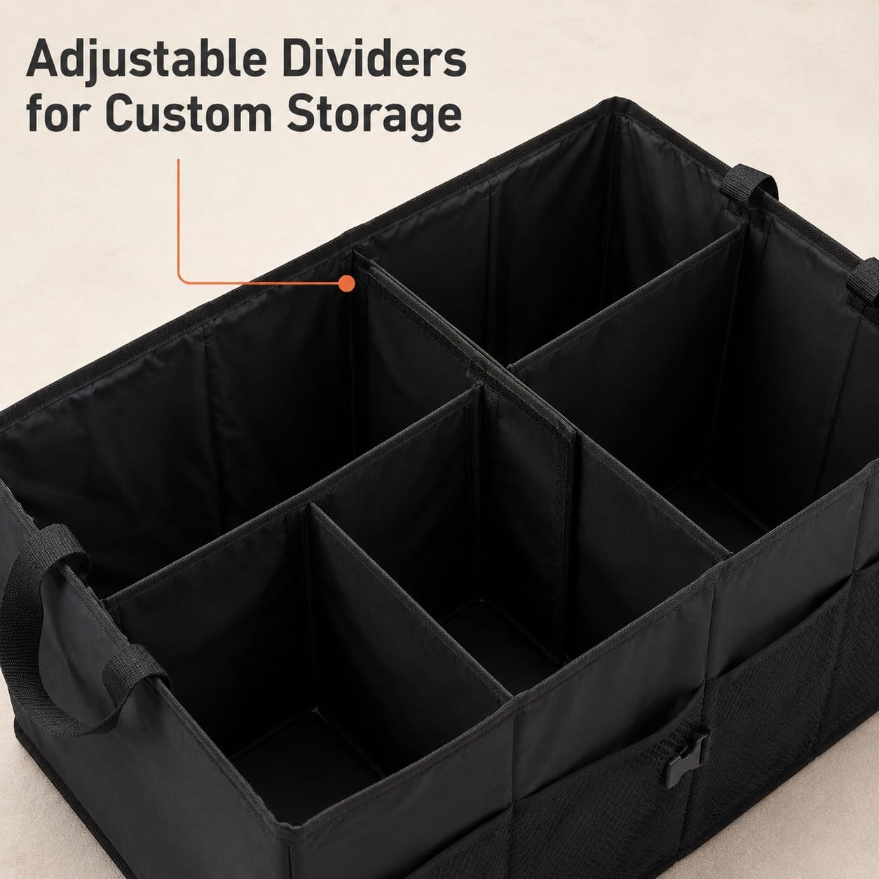 Collapsible Car Trunk Organizer with Leak-Proof Base, Adjustable Sections | Folds flat. Waterproof Oxford fabric, leak-proof base. Fits sedans, SUVs, trucks. Organizador maletero plegable
