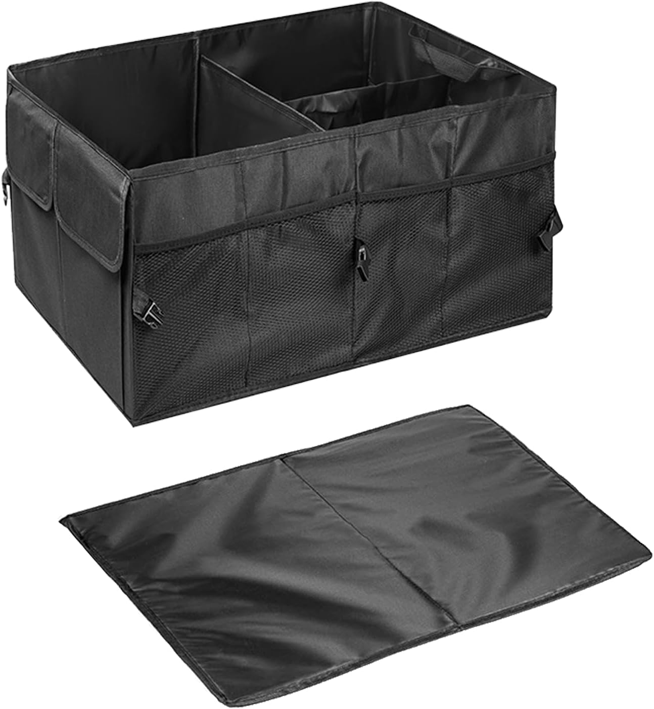 Car Trunk Organizer, Waterproof Adjustable Vehicle Storage Box, Automotive Collapsible Multi Compartment Organization Container Accessories, Universal for SUV, Sedan, Truck (Black)