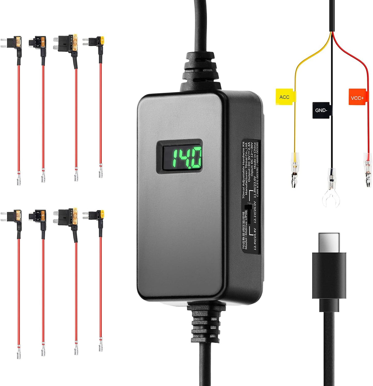 70mai Adjustable Hardwire Kit UP06 for Type-C Dash Cams, 3-Level Low Voltage Protection, Real-Time Voltage Display, 24H Parking Mode for M310/A510/A500S/A810/A800SE/X800/T800/ A810 Lite Car Cameras
