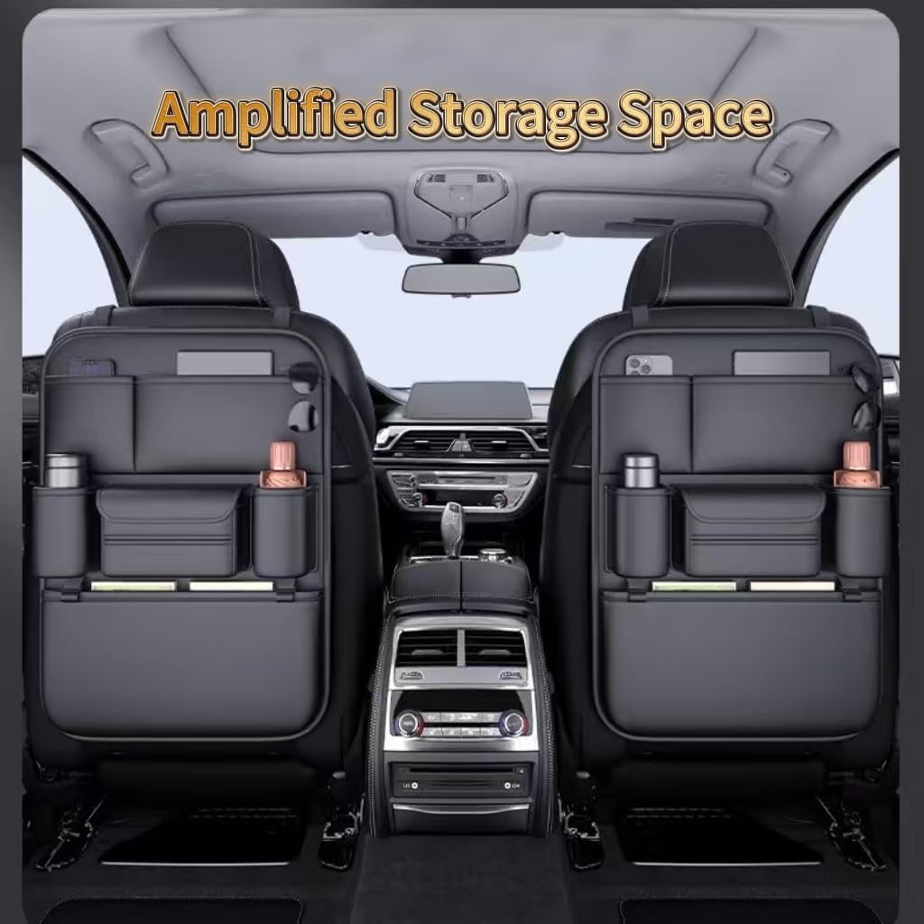 Leather Car Seat Organizer for Cars, SUV & Truck - Back Seat Headrest Storage Organizer with 6 Pockets, Large Capacity Waterproof Car Organizer Pocket for Phone, Bottle, Tissue, Toys
