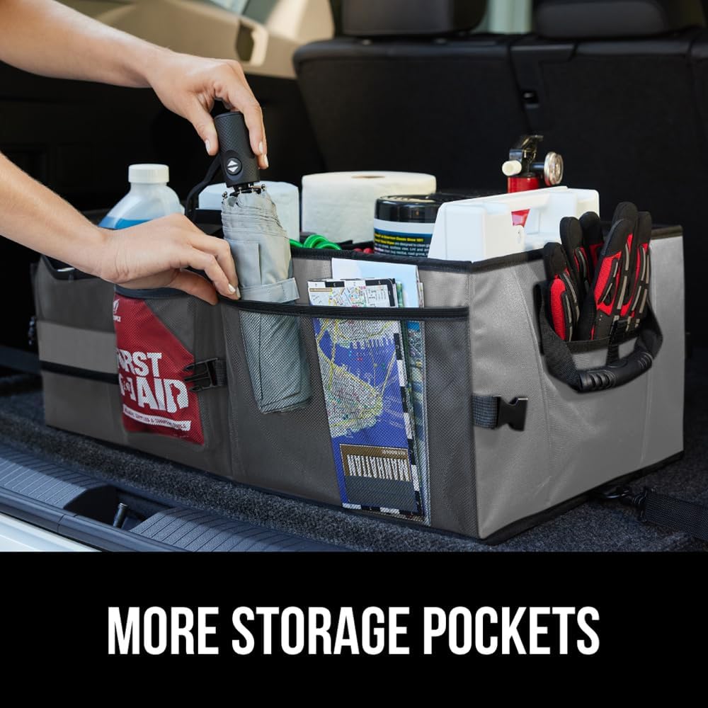 GORILLA GRIP Trunk Organizer for SUV and Cars, Large Capacity Collapsible Car Trunk Storage Organizer, Heavy Duty Car Accessories, Gifts for Mom and Dad, Slip & Water Resistant Multi Compartment Gray