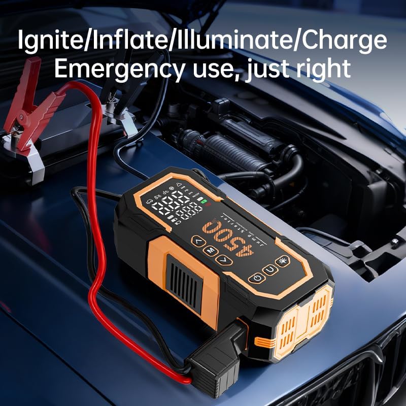 6000A Portable Jump Starter with Air Compressor, 12V Car Battery Starter (Suitable for Gasoline/10.0L Diesel Engines), Large LCD Display, LED Work Light, Jumper Cables, Supports Type-C Fast Charging