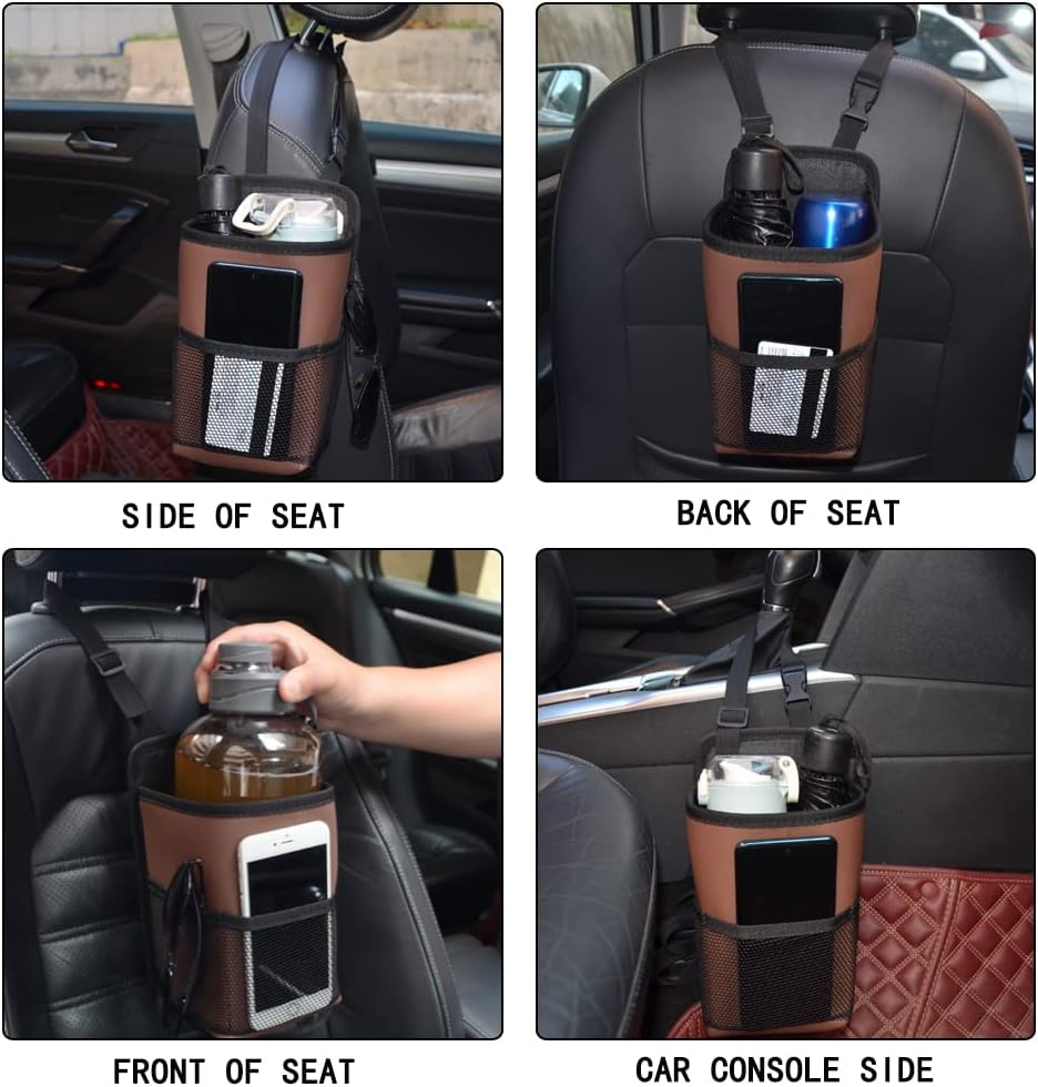 2 in 1 Large Cup Holder, 80 oz Auto Water Bottle Holder Bag, Bottles & Big Drinks. Hanging Multi-Function Mini Car Seat Side Organizer, Phones, Stuff Holder with Mesh Pocket for Cars, SUV & Truck