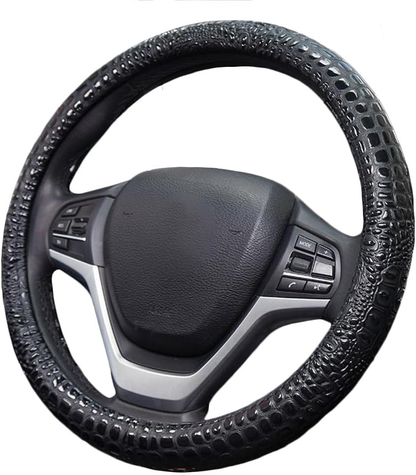 Crocodile Grain Leather Four Seasons Universal Car Steering Wheel Cover Sport Cute Handle Case for Men Auto Interior Accessories, Brown