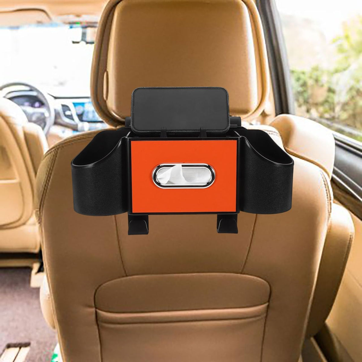 Ciieeo Back Seat Car Organizer with Cup Holder Tissue Box Headrest Hooks Phone and Snack Storage Car Backseat Storage Organizer for Travel SUV Sedan Interior