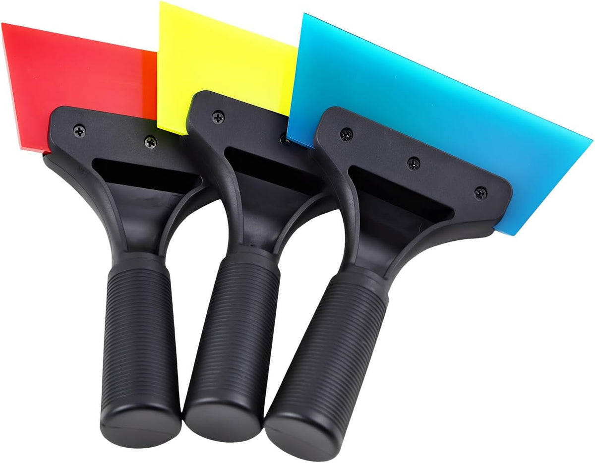 Squeegee Window Tint Tool 3 Pack, Auto Water Blade, Rubber Wiper with Non-Slip Handle for Windshields, Mirrors & Glass Surfaces (Blue, Yellow, Red)