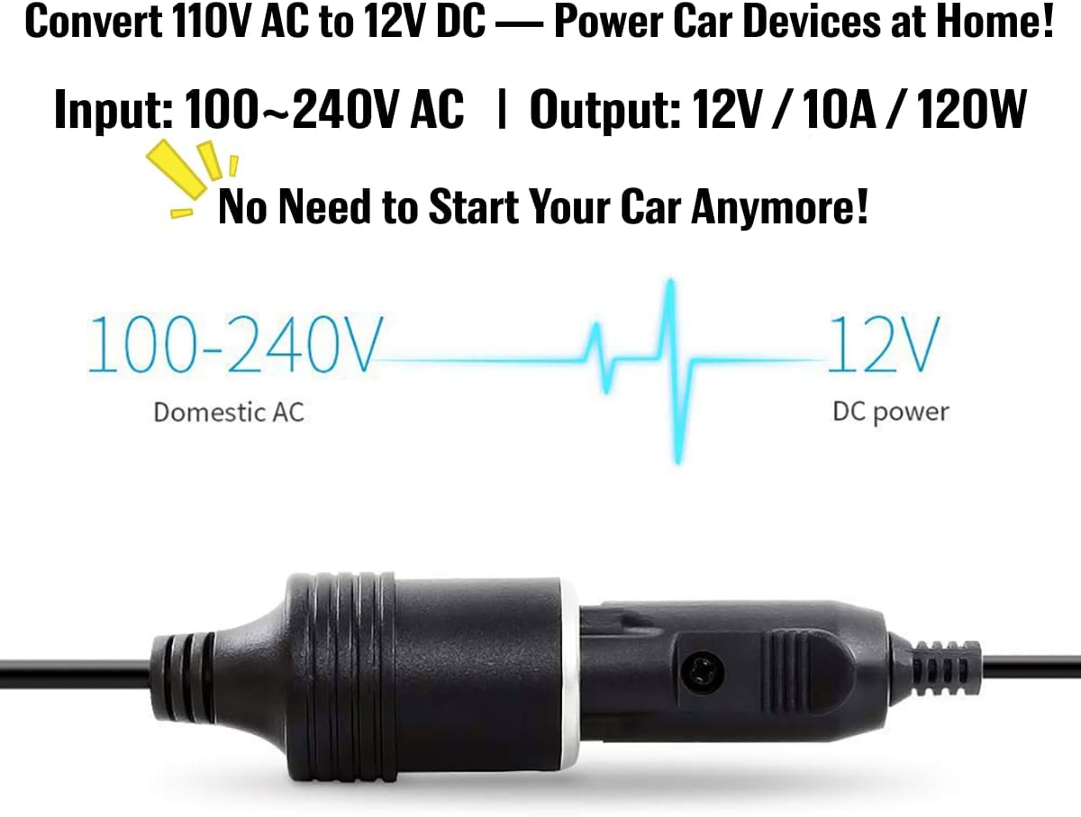 110V AC to DC 12V Converter, 10A/120W Power Adapter with Car Cigarette Lighter Plug for 12V Electric Cooler, Car Fridge, Wheel & Tire Air Compressors & Inflators, Car Vacuum Cleaners