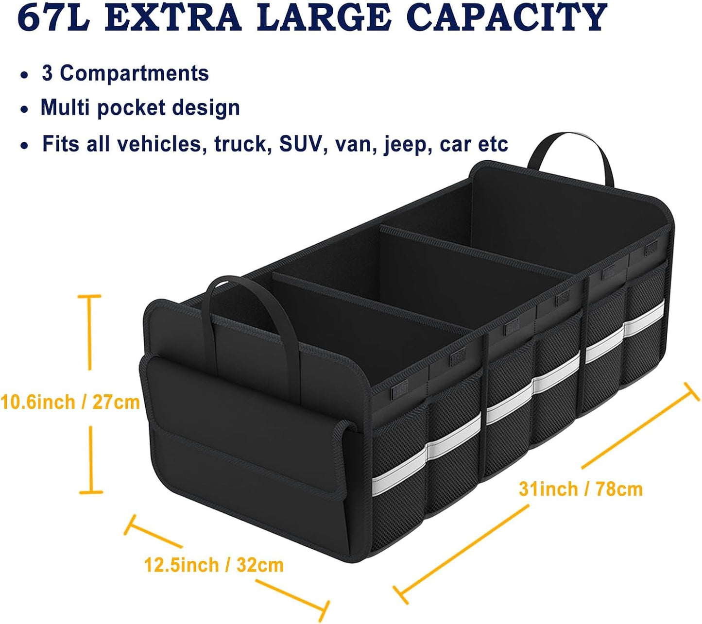 Trunk Organizer for SUV, Large trunk organizer for car, Collapsible Multi-Compartment Car Trunk Organizer, Sturdy Cargo Trunk Storage Organizer, Non Slip Bottom