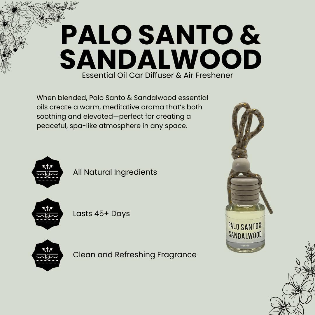 Palo Santo & Sandalwood (Santal) Hanging Car Air Freshener – Long Lasting Essential Oil Diffuser for Car, Closet, Bathroom – 2-Pack Natural Scent Deodorizer for men and women