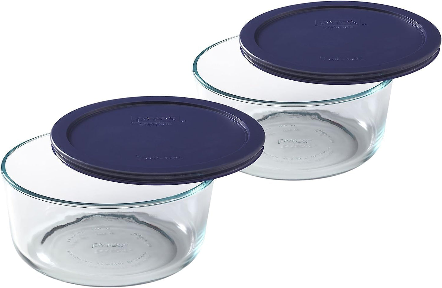 Pyrex 7203 7-Cup Glass Bowls and 7402-PC Blue Lids (2-Pack) - Made in USA | BPA-Free Plastic | Secure Seal | Non-Porous Material | Stackable Design | Refrigerator Safe