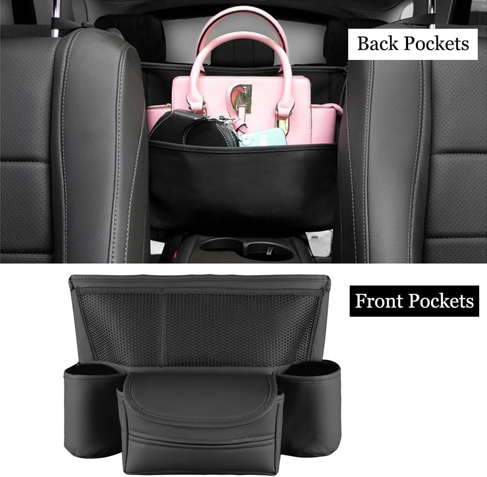 Car Purse Holder Between Seats Car Organizer, Leather Large Capacity Car Handbag Holder for Front Seat, Seat Back Net Bag Double-sided Tissue Storage Handbag Holder Car Divider (Black)