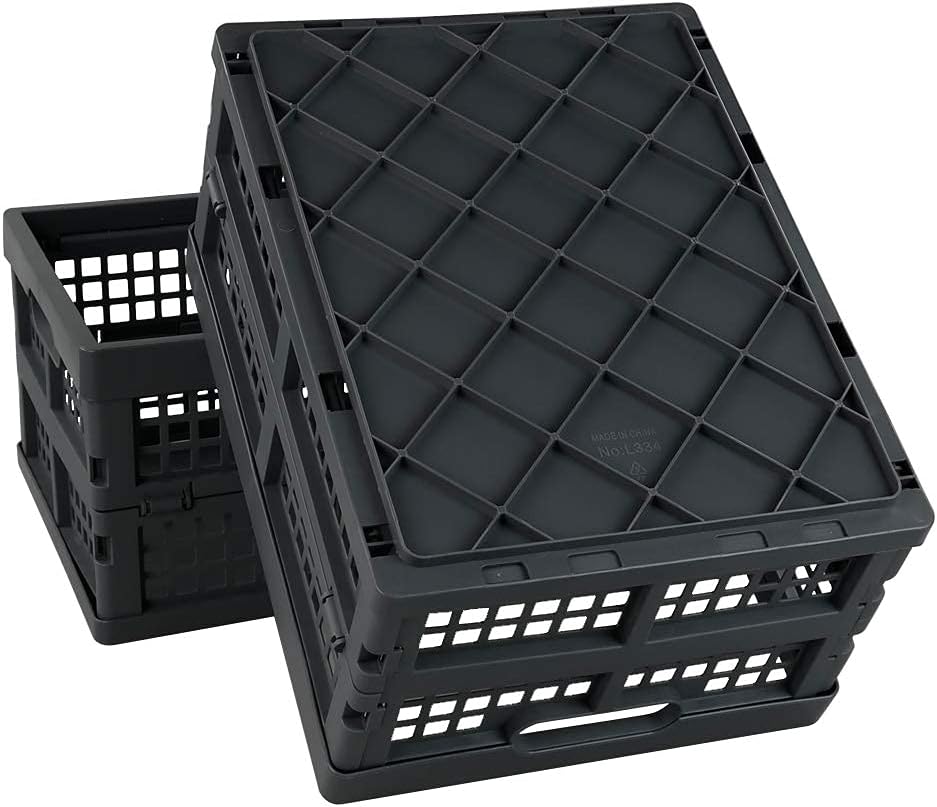 Idotry 3-PACK 15 L Folding Storage Crates, Stackable Collapsible Basket | Space-Saving Utility Containers, Dual Side Carry Cutout Handles, for Garage, Car, Grocery & Home Organization
