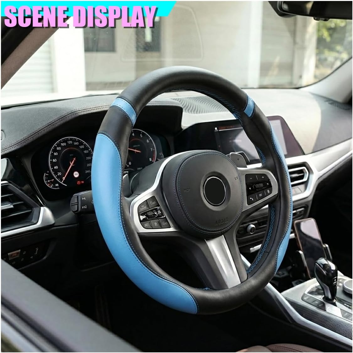 Car Steering Wheel Cover, Breathable Non-Slip Leather Car Steering Wheel Decorative Wrap, Comfortable Auto Interior Wheels Protector Accessories for Cars, SUVs, Trucks (Blue)