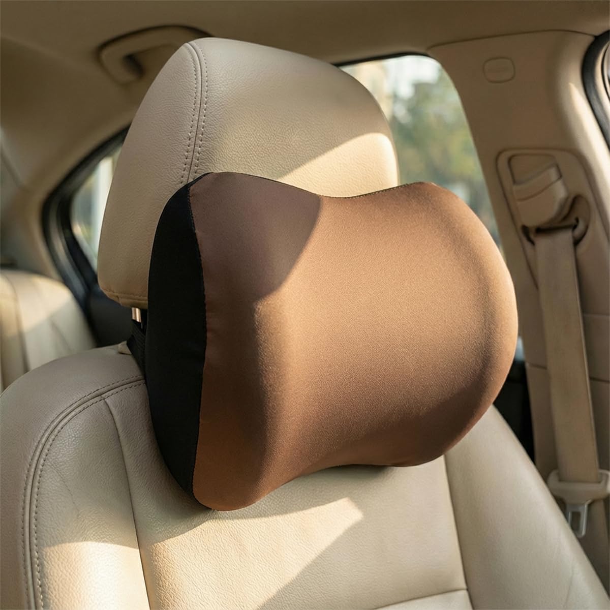 Car Headrest Pillow, Soft Memory Foam Car Neck Support Pillow for Pain Pressure Relief, Breathable Auto Interior Head Rest Cushion with Adjustable Strap for Comfortable Driving (Coffee)