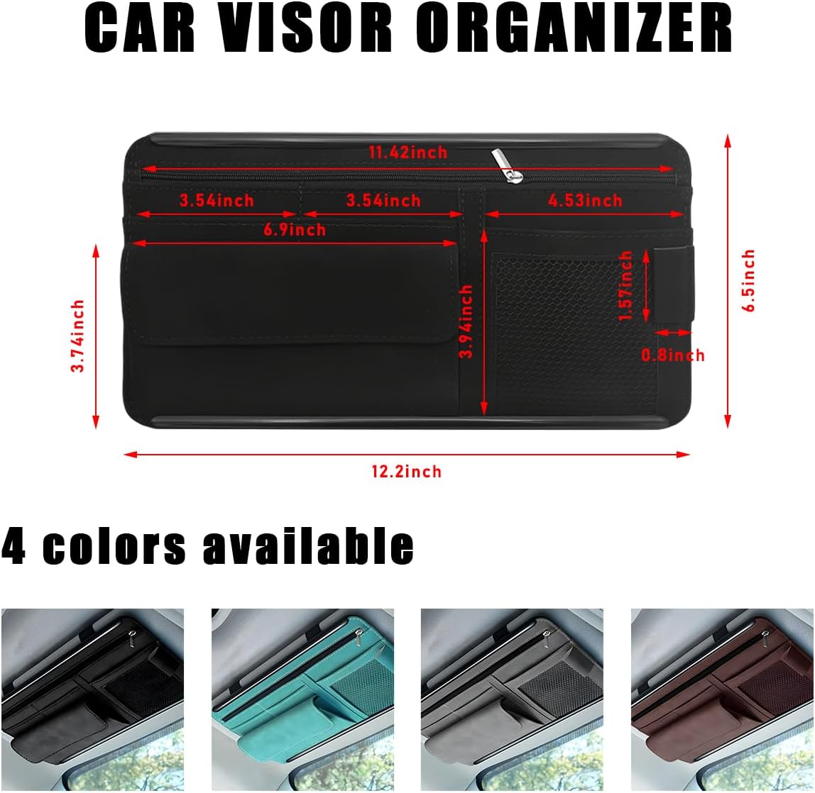 Yourkar Car Sun Visor Organizer, Soft Leather Surface Eyeglasses Note Card Holder Car Storage Bag, Scratch-Resistant Waterproof Auto Sunshade Organizer Bag, Car Accessories (Black)