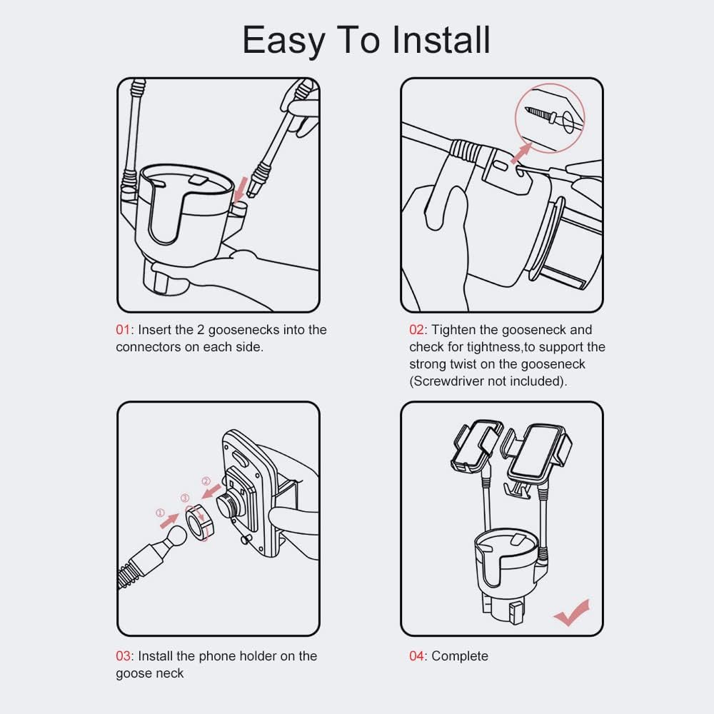 JINKEY Dual Cup Holder Phone Mount for Car，2-in-1 Adjustable Gooseneck Cradle with 360° Rotation Heavy Duty Universal Automobile Stand for Most 4"-6.7" i-Phone Mobile-Phone Holder