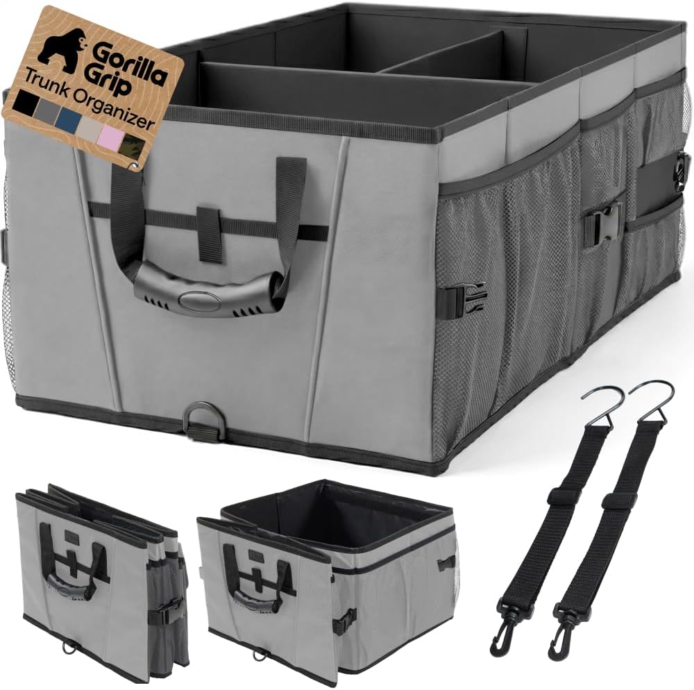 GORILLA GRIP Trunk Organizer for SUV and Cars, Large Capacity Collapsible Car Trunk Storage Organizer, Heavy Duty Car Accessories, Gifts for Mom and Dad, Slip & Water Resistant Multi Compartment Gray