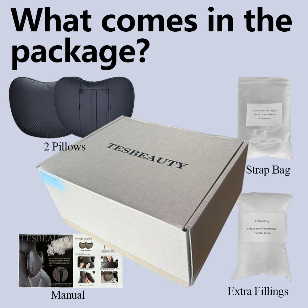 TANOLA TESBEAUTY Headrest Pillow 2 Packs for Tesla Neck Pillow Uniquely Designed for Tesla Model Y/3/S/X Cyber Truck, Tesla Car Neck Pillow Support Cushion for People Under 5'7" Black Leather