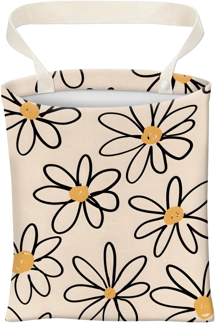 Car Trash Can, Cute Car Trash Bag, Hanging Car Organizer and Storage Bag, Trash Bin for Car Accessories, Vehicle, Travelling, Camping Cute Beige Daisy