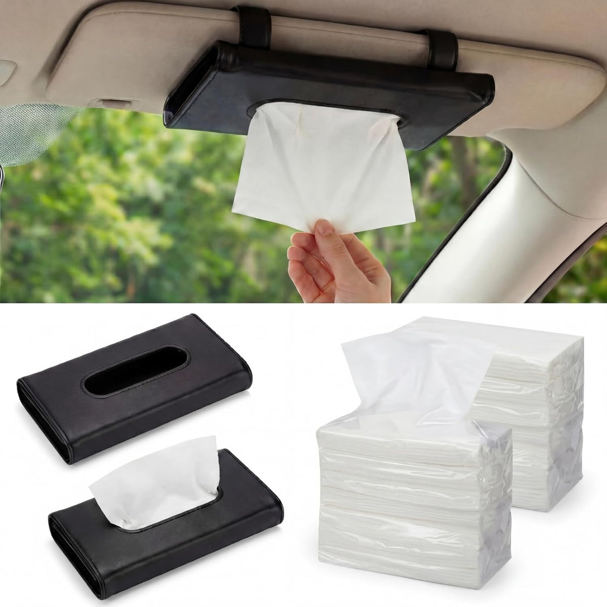 2 Pcs Black Car Tissue Holder with 20 Packs Tissue Refill Sun Visor Napkin PU Leather Backseat Napkin Mask Case Holder for Auto Accessories