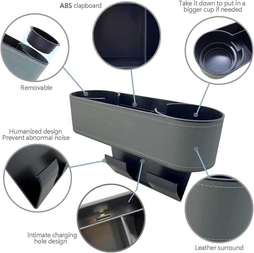 Cup Holder for Car Seat Gap Organizer, Multifunctional Cup Drink Holders with PU Leather Cover,Side Insert Center Console Gap Filler Storage Box for Mug Bottle CellPhones Keys Coffee Coasters grey2