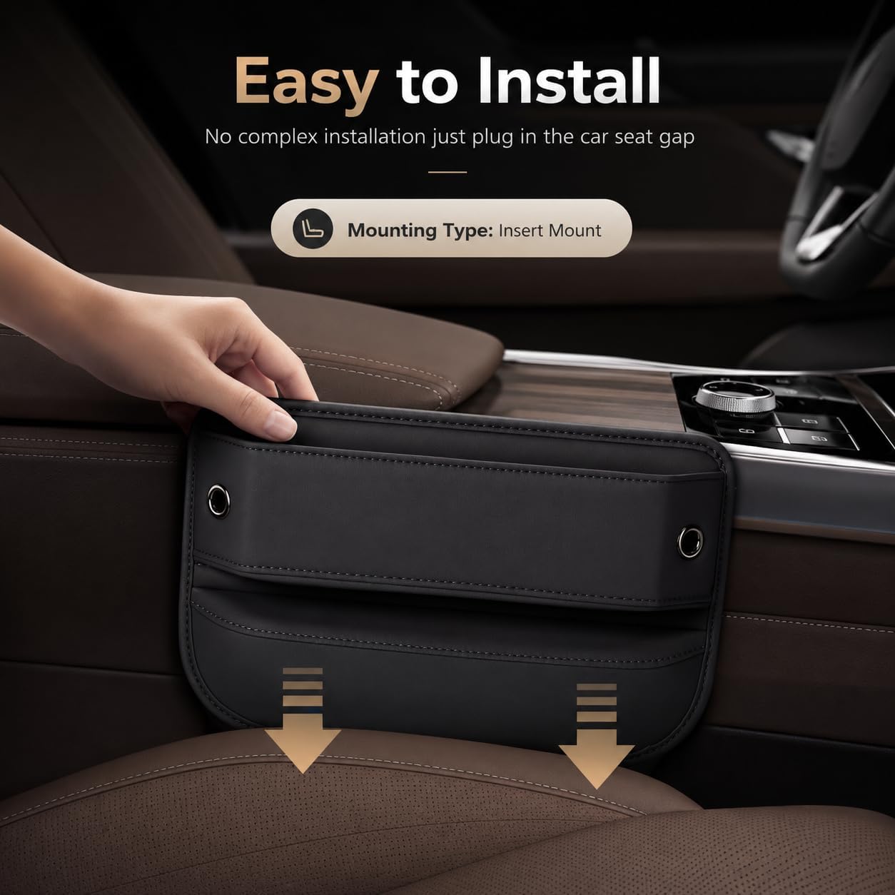 Premium Leather Car Seat Gap Filler Organizer, Universal Center Console Storage for Phone Keys Wallet, Car Accessories for SUV Truck Sedan(2Pack) (Black)