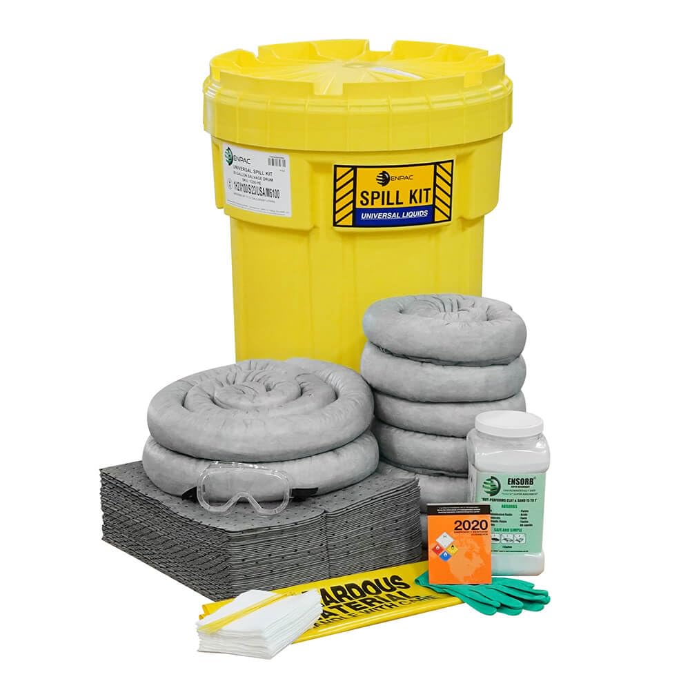 ENPAC 30-Gallon Emergency Response Universal Spill Kit (Includes Drum, Granular Absorbent, Pads, Socks, Disposal Bag, & Safety Equipment) - OSHA, UN, & DOT Compliant