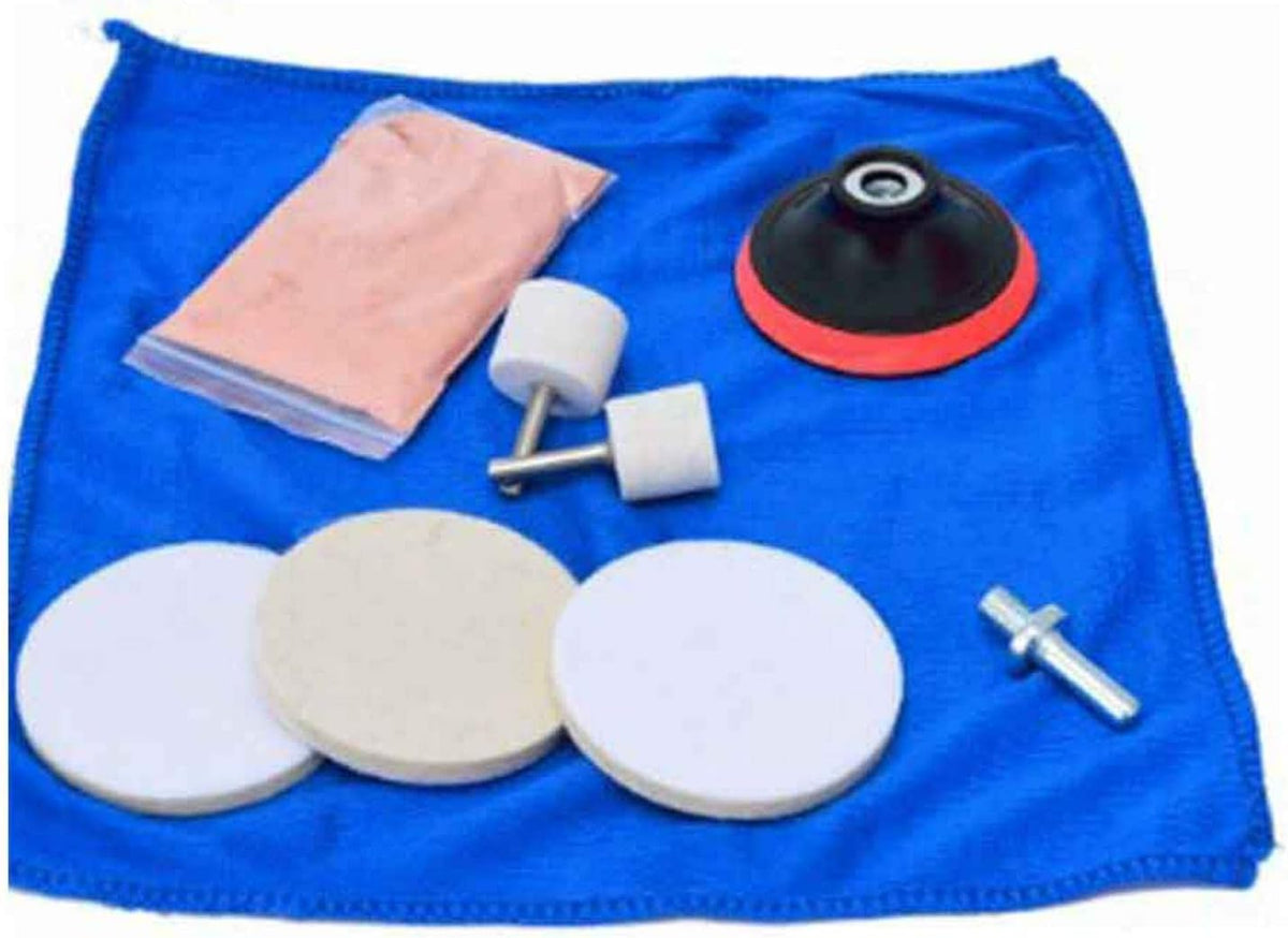 9pcs/Set Glass Polishing Kit,Deep Scratch Remover with Towel Car Polish Pad 70g Cerium Oxide Powder Felt Polishing Wheel Set for Windscreen and Glass