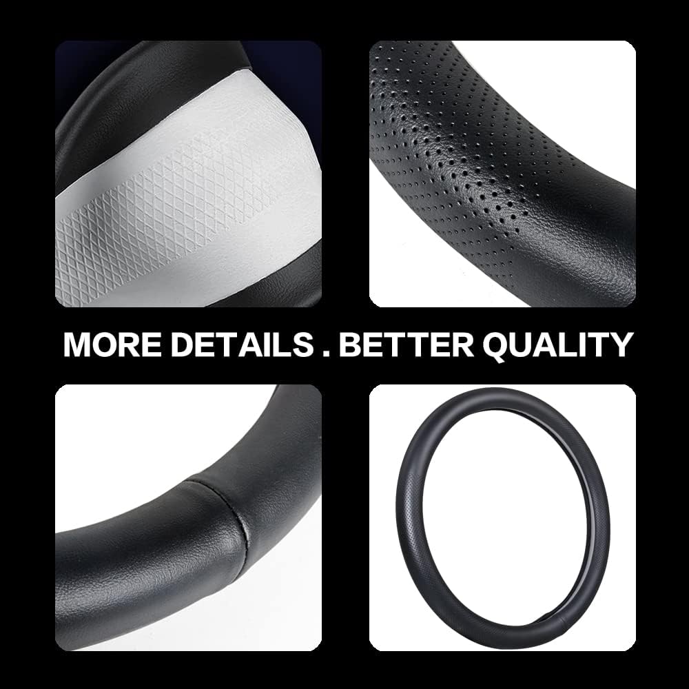 Car Steering Wheel Cover,Universal 15 Inch Premium Leather Car Steering Wheel Cover,Best Grip,Perforated Design,Breathable,Non-Slip,Sweat-Absorbent,Warm in Winter and Cool in Summer (Black)