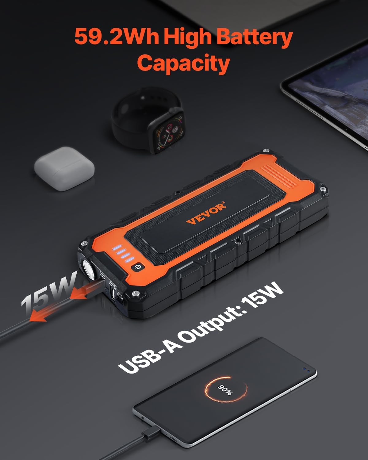 VEVOR Jump Starter, 3000A Peak, Car Battery Starter Power Pack, Portable Battery Booster with Air Compressor Jumper Cables LCD Display LED Light, Lithium Jump Box for up to 10L Gas/8L Diesel Engines