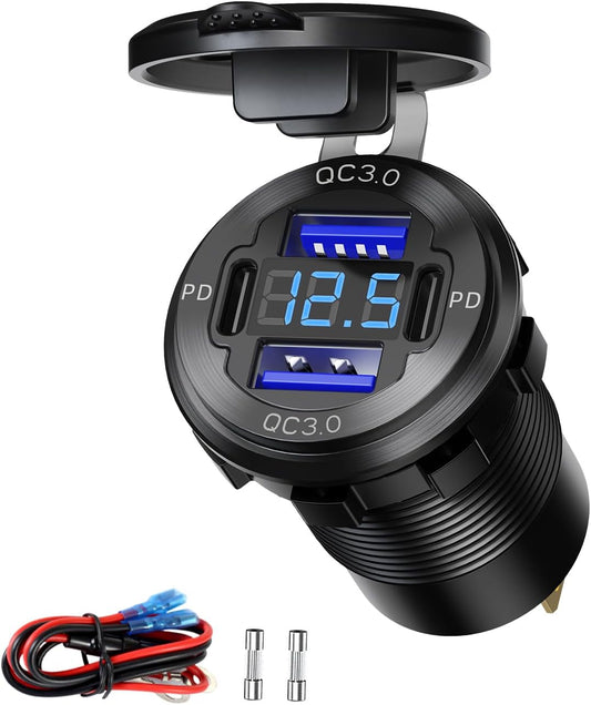 12V USB Outlet 78W PD+QC 3.0 Aluminum Waterproof Voltmeter Switch Marine