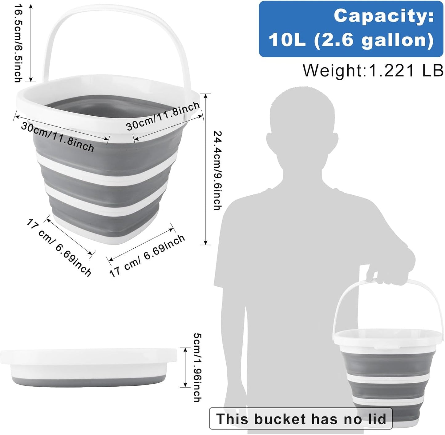 10L Collapsible Bucket for Cleaning, Portable Ice Bucket Water Pail for Space Saving, Foldable Sand Buckets with Handles for House Bathroom, Plastic Tub Sink Camping Wash Basin RV Essentials